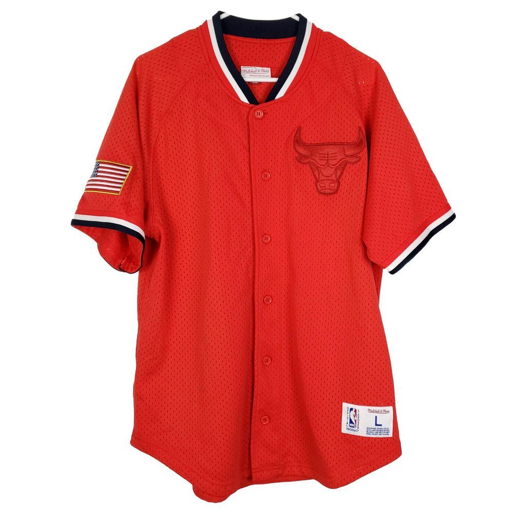 Chicago Bulls Mitchell & Ness NBA L Large Jersey Shirt 3D Logo USA Flag Red New